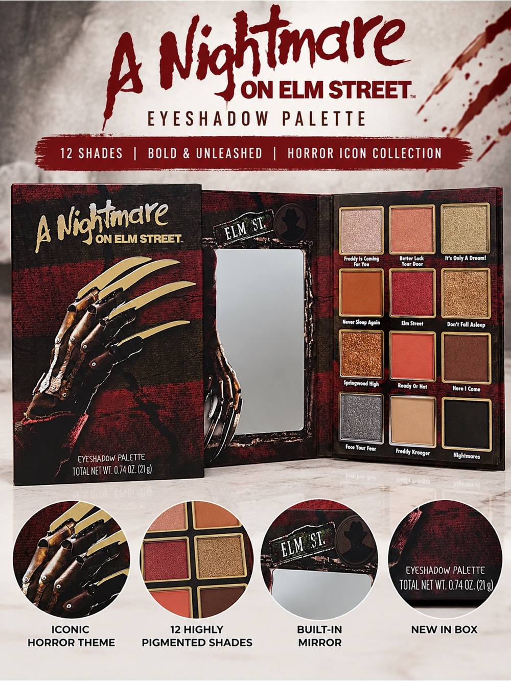 A Nightmare on Elm Street Freddy Krueger 12 Pan Eyeshadow Palette NEW Halloween